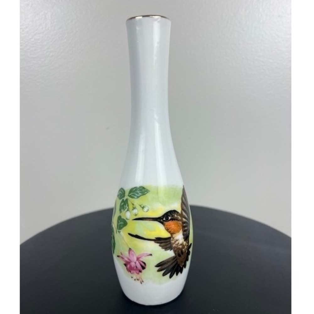 Vintage Made in Japan Hummingbird Porcelain Bud Vase Gold Rim 7 Inch White